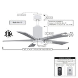 Matthews Fan PA5-BK-MWH-60 Patricia-5 five-blade ceiling fan in Matte Black finish with 60” solid matte white wood blades and dimmable LED light kit 