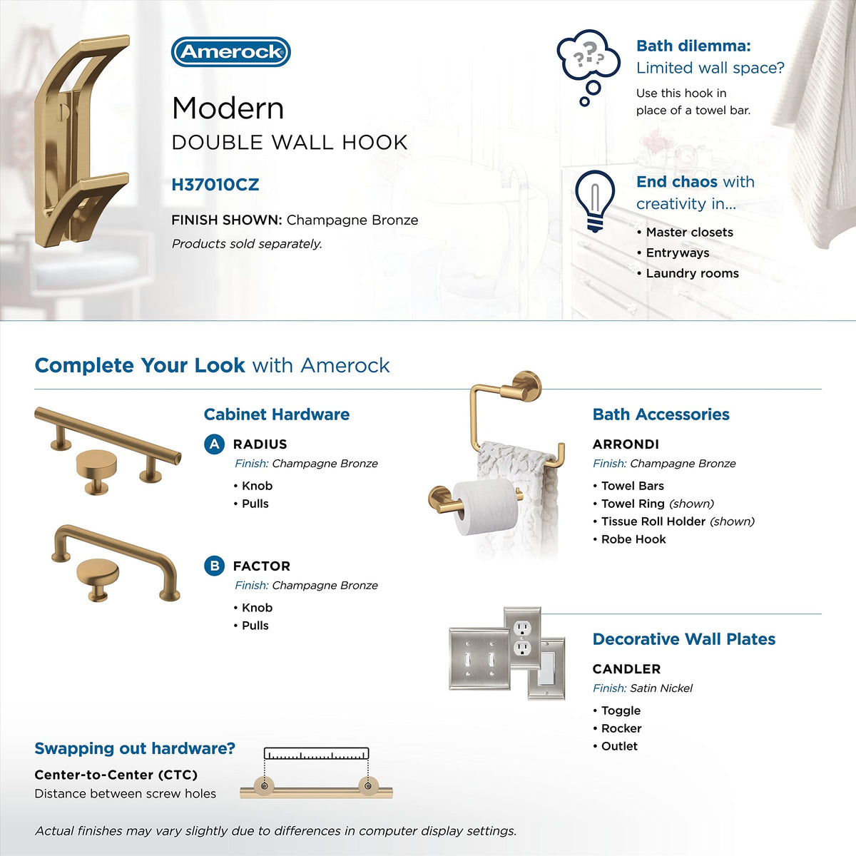 Amerock H37010CZ Avid Double Prong Decorative Wall Hook Champagne Bronze Hook for Coats, Hats, Backpacks, Bags Hooks for Bathroom, Bedroom, Closet, Entryway, Laundry Room, Office