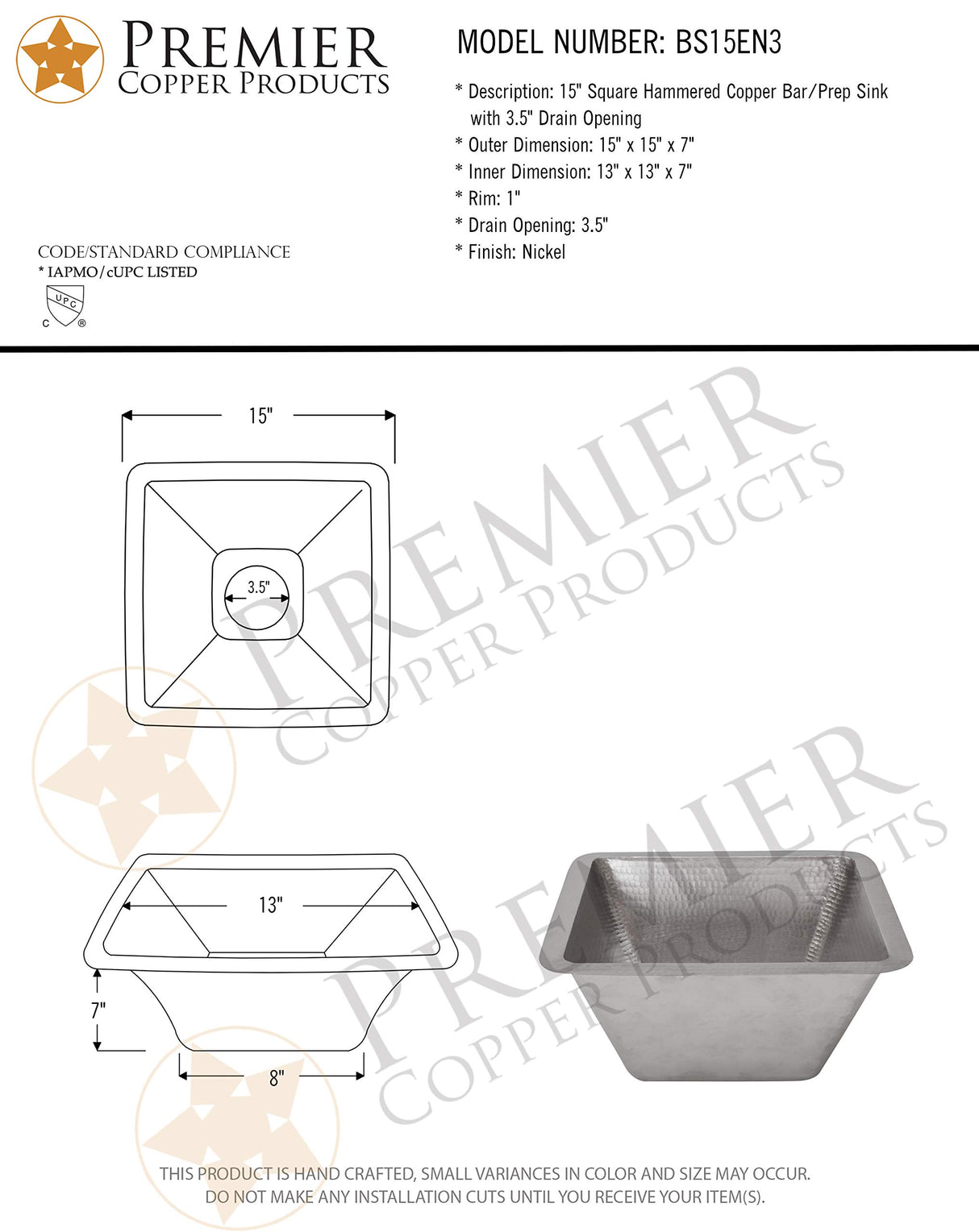 Premier Copper Products BS15EN3 15-Inch Square Hammered Copper Bar/Prep Sink in Nickel with 3.5-Inch Drain Size