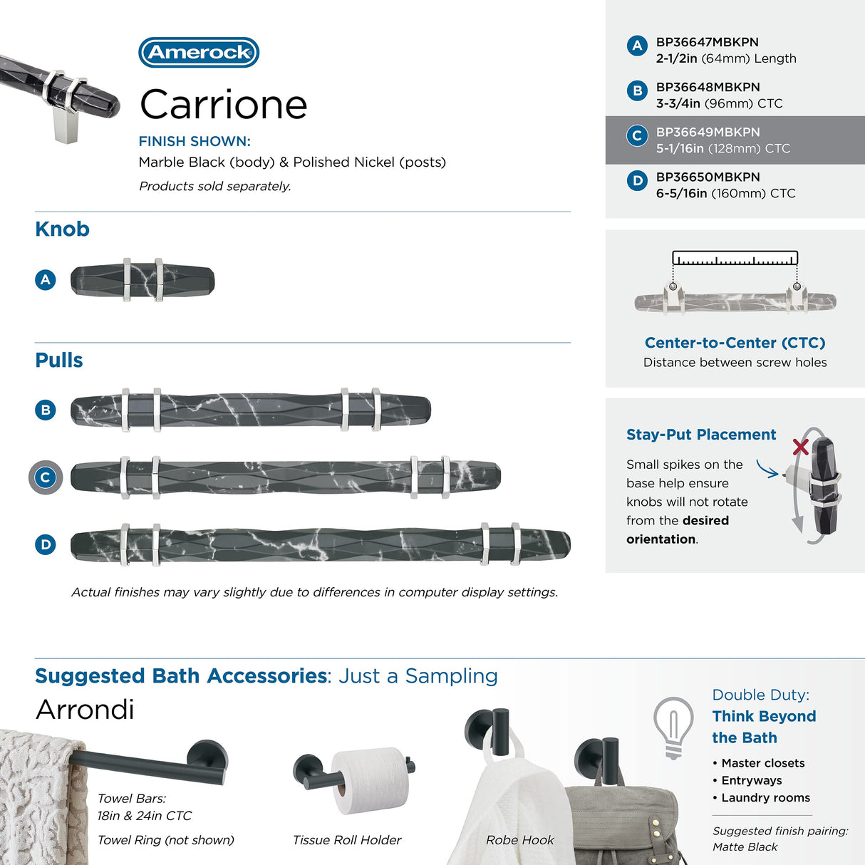 Amerock BP36649MBKPN Carrione Cabinet Pull, 5-1/16 in (128 mm) Center-to-Center, Marble Black/Polished Nickel