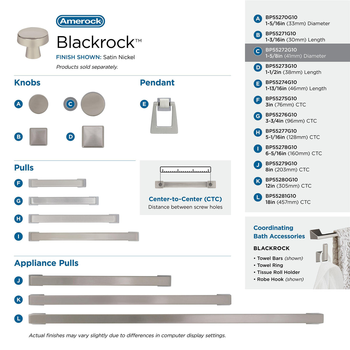 Amerock Cabinet Knob Satin Nickel 1-5/8 inch (41 mm) Diameter Blackrock 1 Pack Drawer Knob Cabinet Hardware