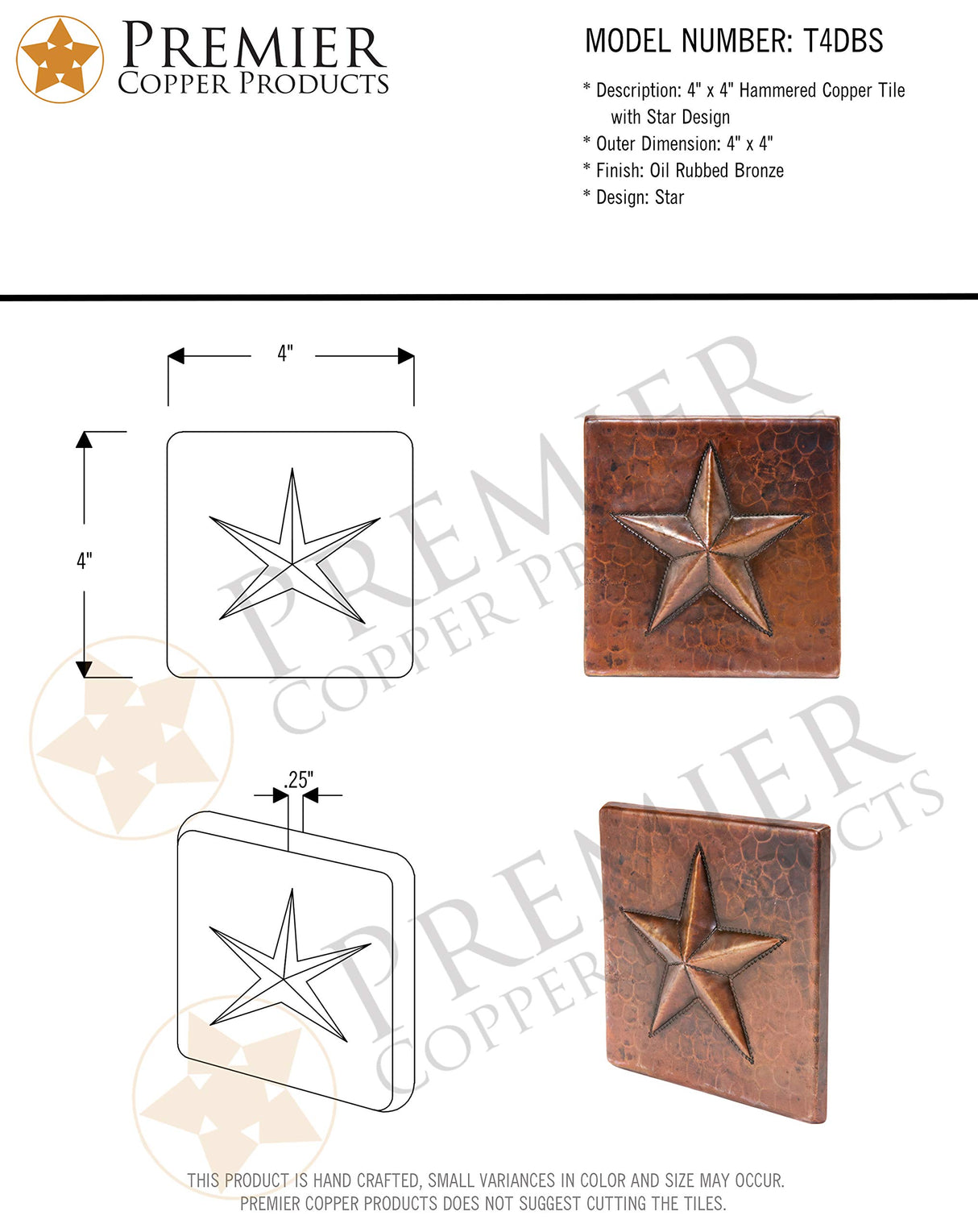 Premier Copper Products T4DBS 4-Inch by 4-Inch Copper Star Tile, Oil Rubbed Bronze