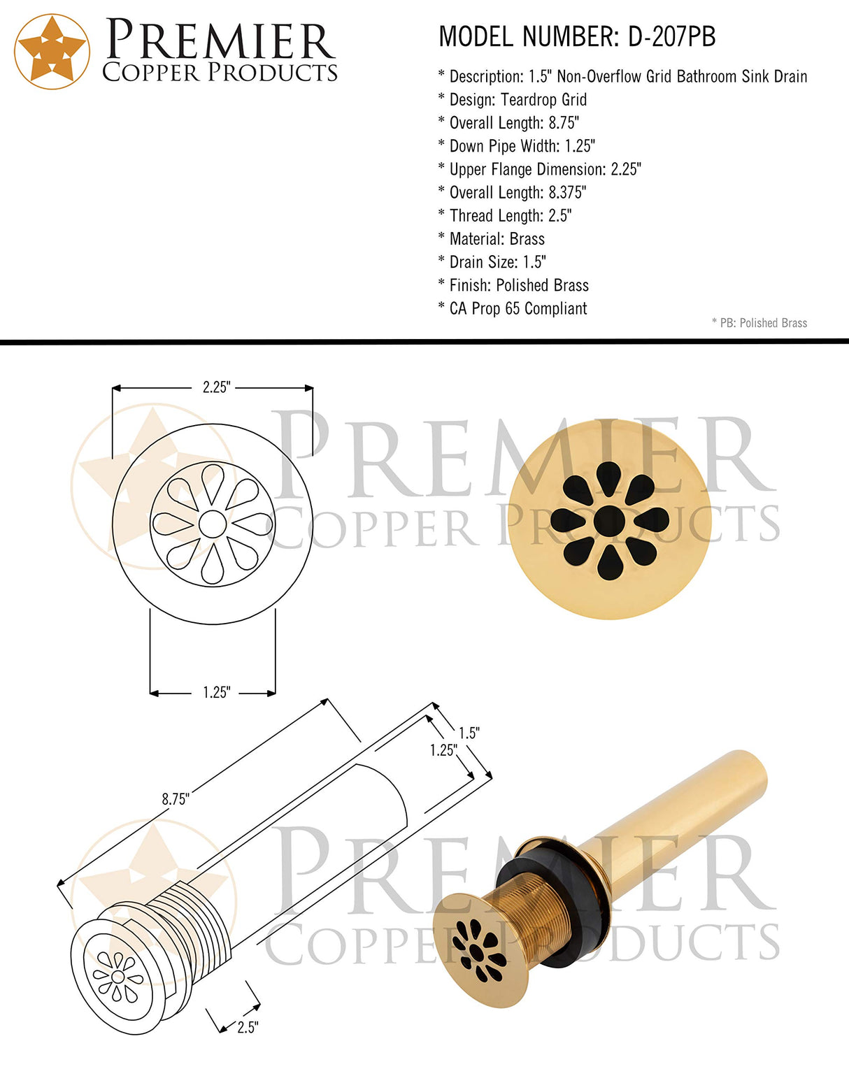 Premier Copper Products D-207PB 1.5-Inch Non-Overflow Grid Bathroom Sink Drain, Polished Brass