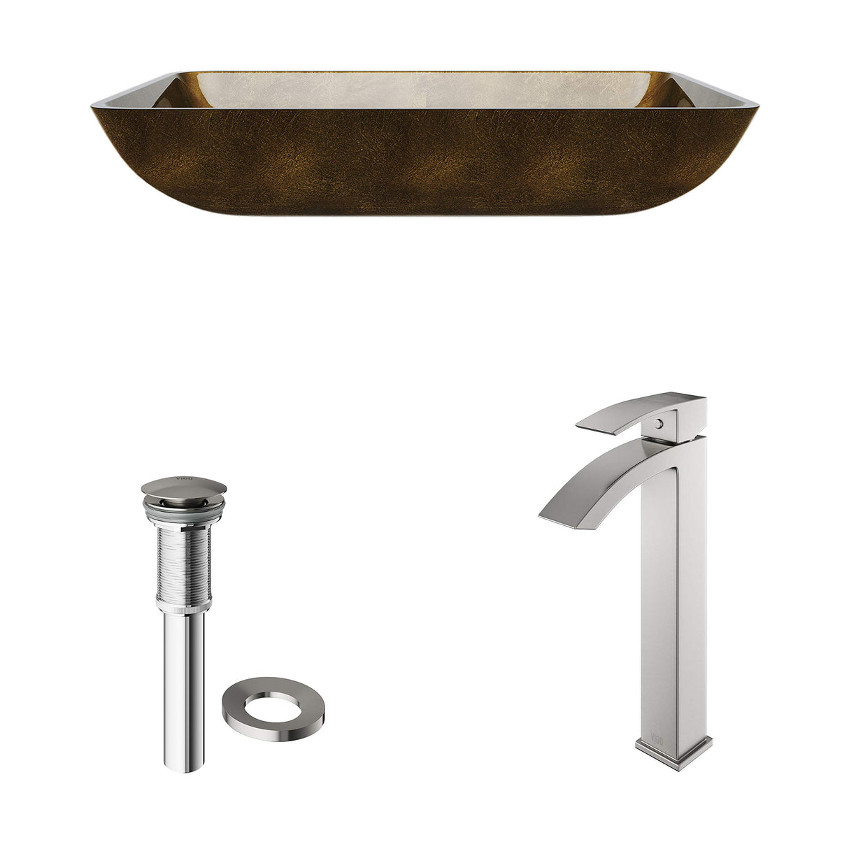 VIGO VGT513 22.25" L -14.25" W -12.0" H Handmade Countertop Glass Rectangle Vessel Bathroom Sink Set in Copper Finish with Brushed Nickel Single-Handle Single Hole Faucet and Pop Up Drain