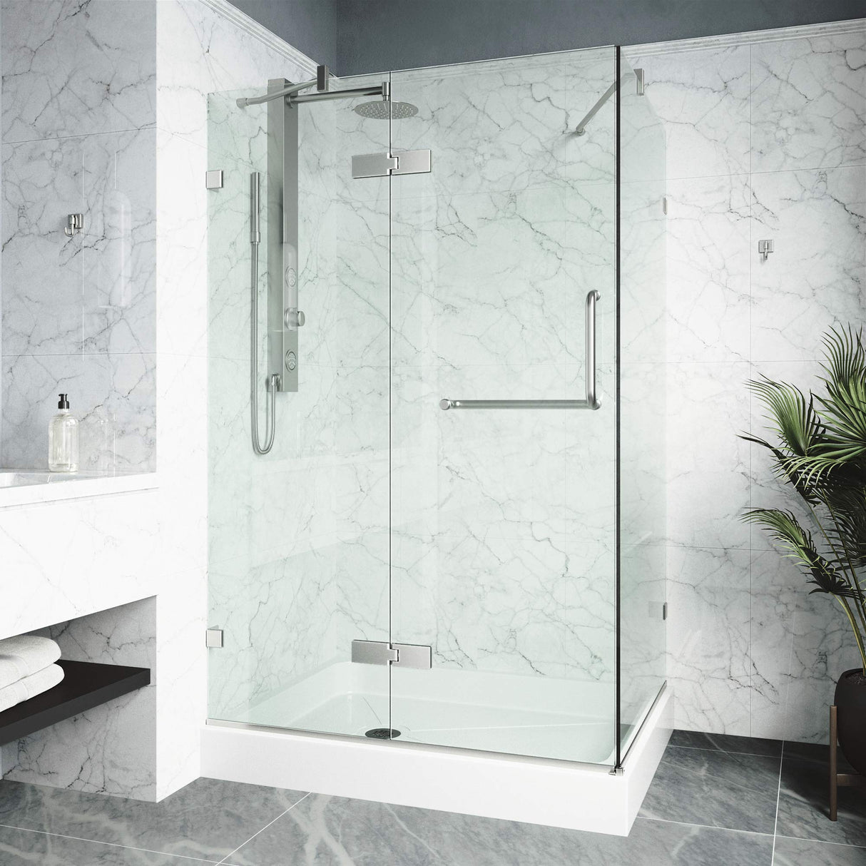 VIGO 32 in. x 48 in. x 79 in. Monteray Frameless Hinged Rectangle Shower Enclosure with Clear 0.38" Tempered Glass and Hardware in Brushed Nickel Finish with Right Handle and Base - VG6011BNCL48WL