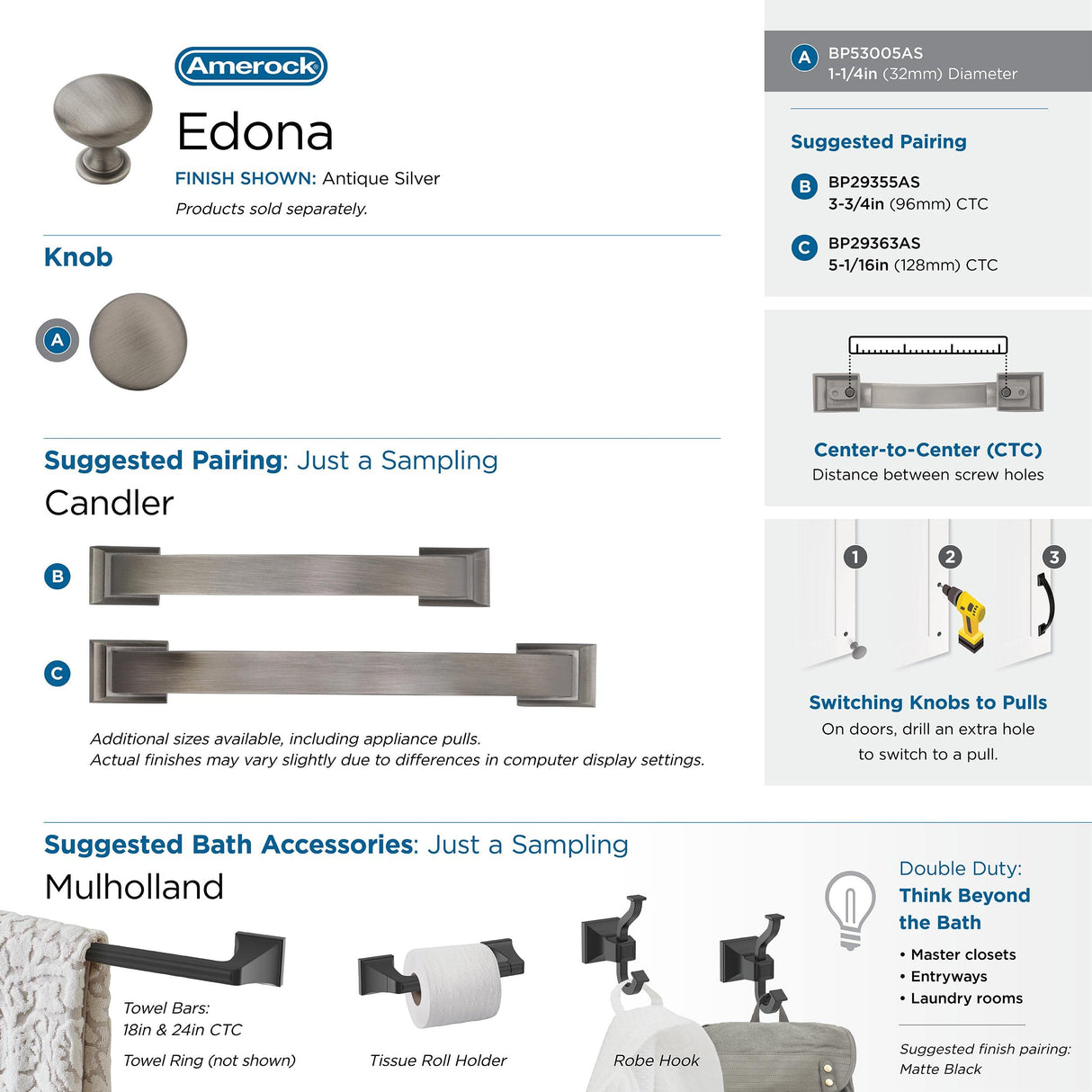Amerock Cabinet Knob Antique Silver 1-1/4 inch (32 mm) Diameter Edona 1 Pack Drawer Knob Cabinet Hardware
