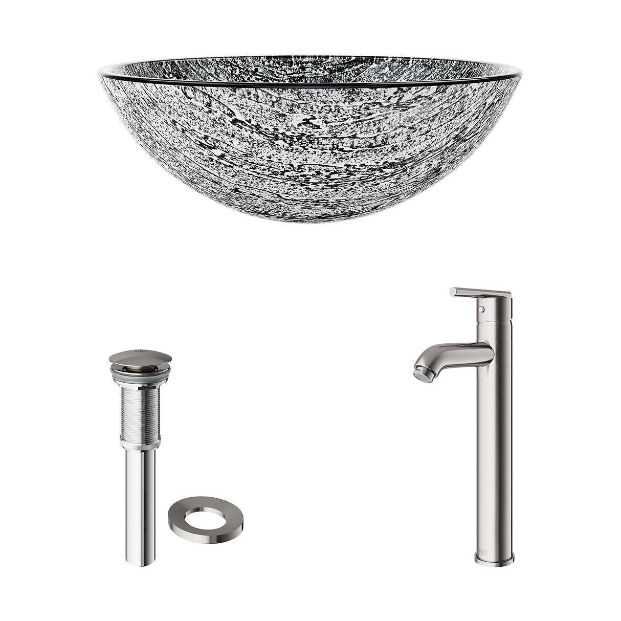 VIGO VGT827 16.5" L -16.5" W -13.0" H Titanium Handmade Glass Round Vessel Bathroom Sink Set in Slate Grey Finish with Brushed Nickel Single-Handle Single Hole Faucet and Pop Up Drain