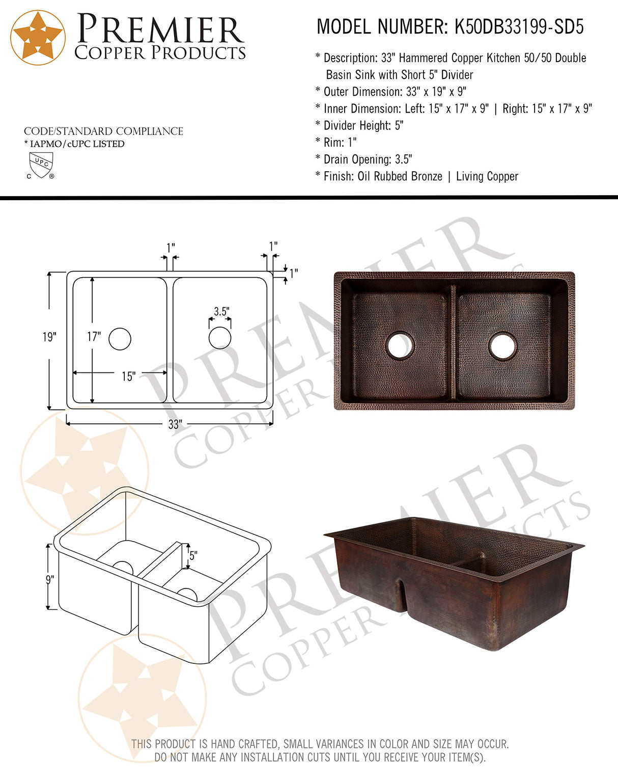 Premier Copper K50DB33199-SD5 33-Inch Kitchen 50/50 Double Basin Sink with Short 5-Inch Divider, Oil Rubbed Bronze Finish…