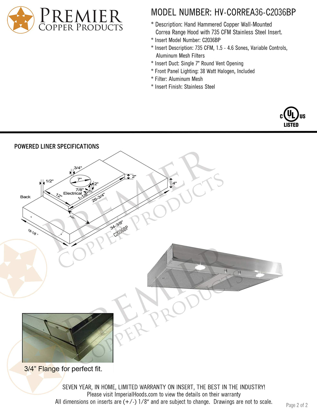 Premier Copper Products HV-CORREA36-C2036BP 735 CFM Hand Hammered Copper Wall Mounted Correa Range Hood - Screen Filters
