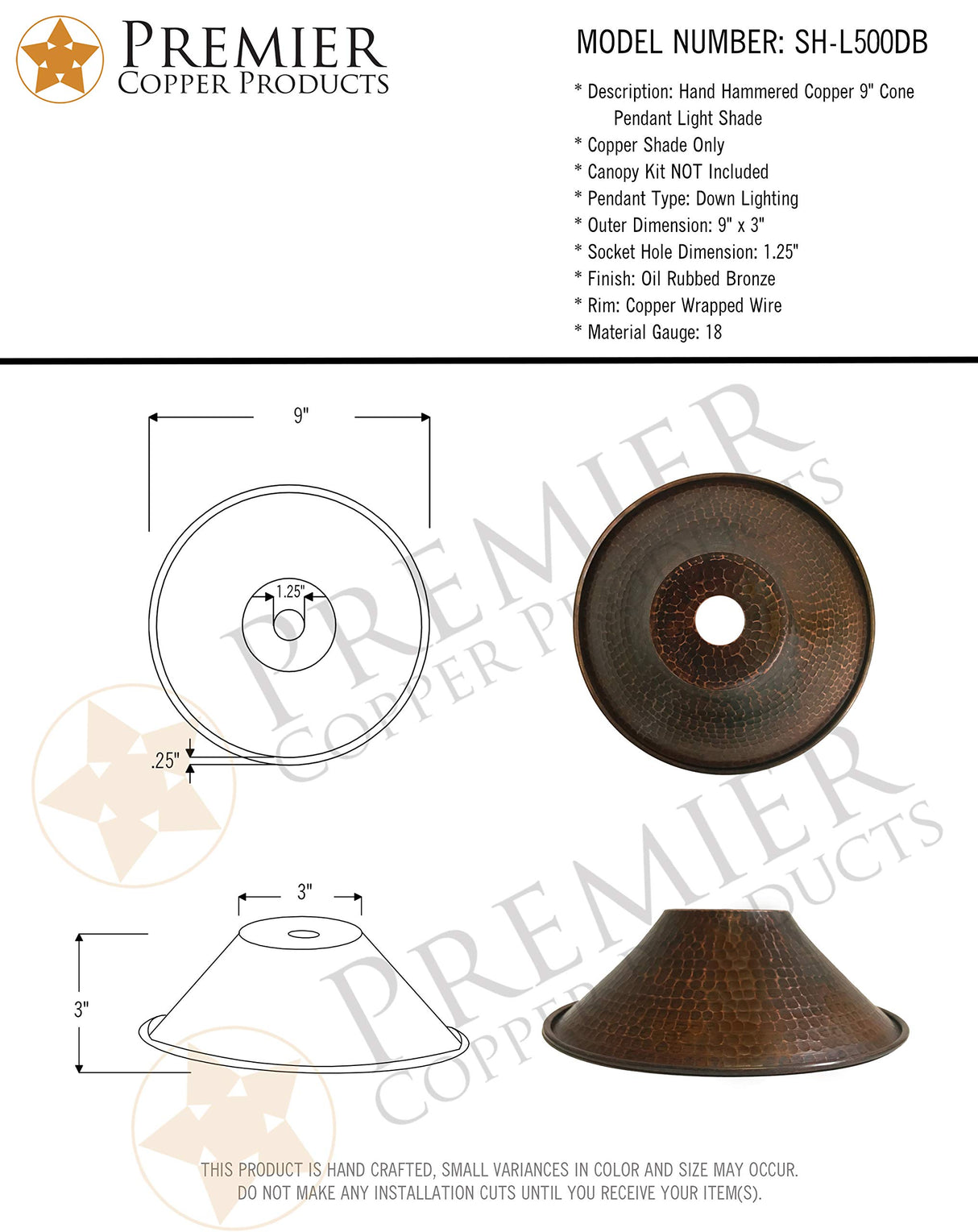 Premier Copper Products SH-L500DB Hand Hammered Copper 9-Inch Cone Pendant Light Shade