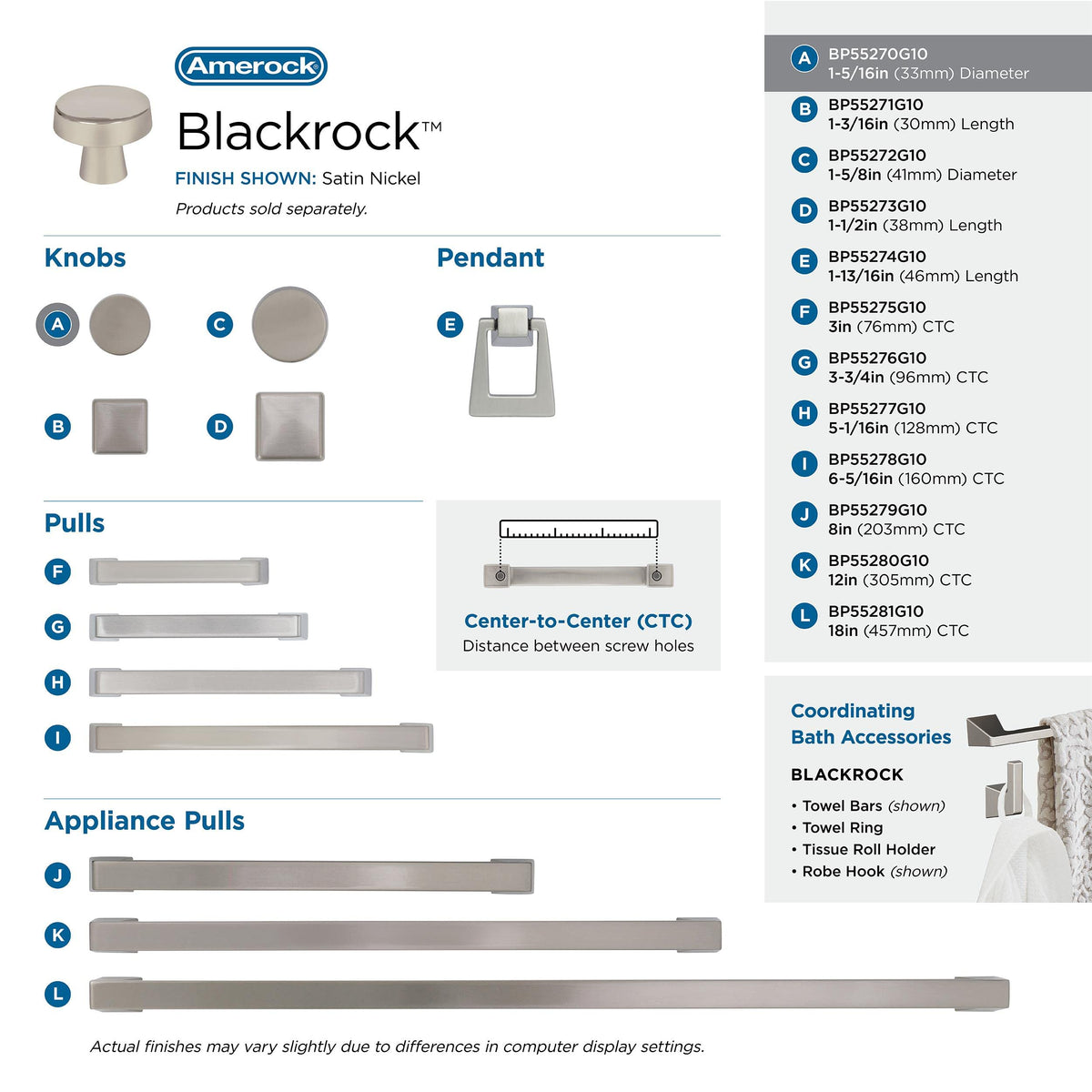 Amerock Cabinet Knob Satin Nickel 1-5/16 inch (33 mm) Diameter Blackrock 1 Pack Drawer Knob Cabinet Hardware