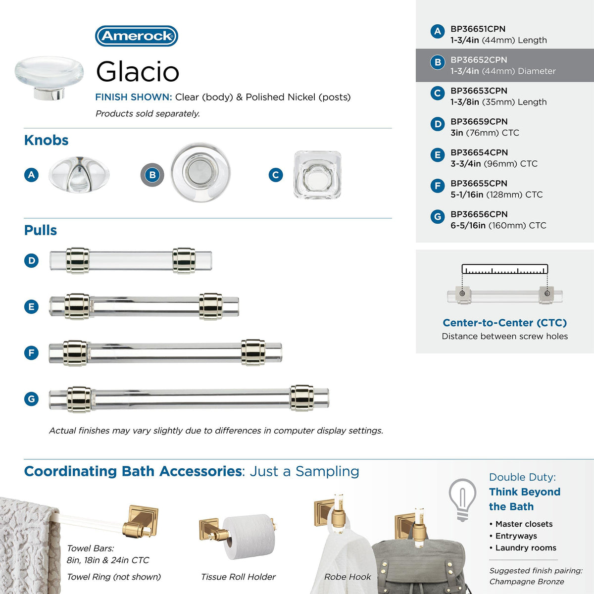 Amerock Cabinet Knob Clear/Polished Nickel 1-3/4 inch (44 mm) Diameter Glacio 1 Pack Drawer Knob Cabinet Hardware