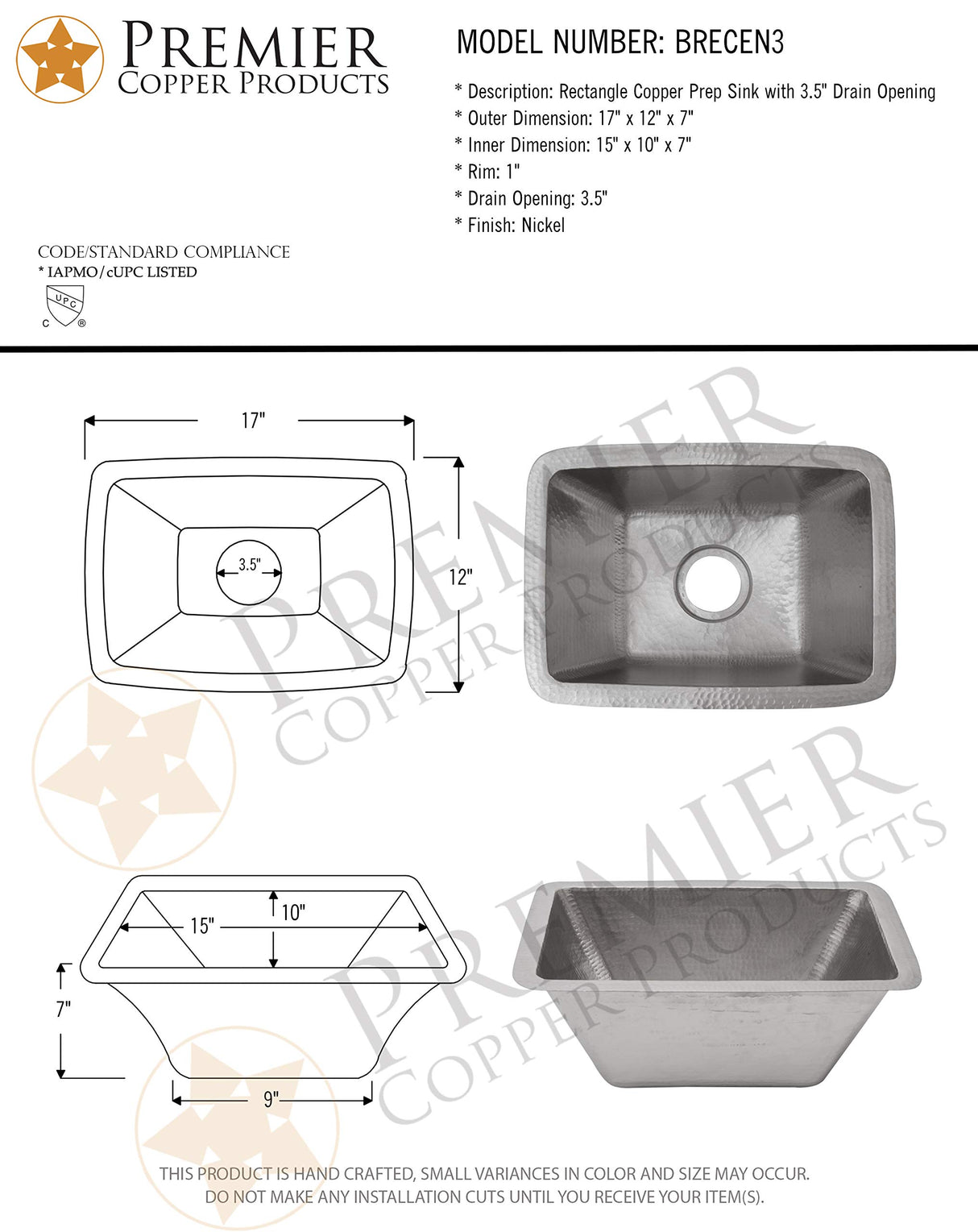 Premier Copper Products BRECEN3 17-Inch Rectangle Copper Prep Sink in Nickel w/ 3.5-Inch Drain Opening