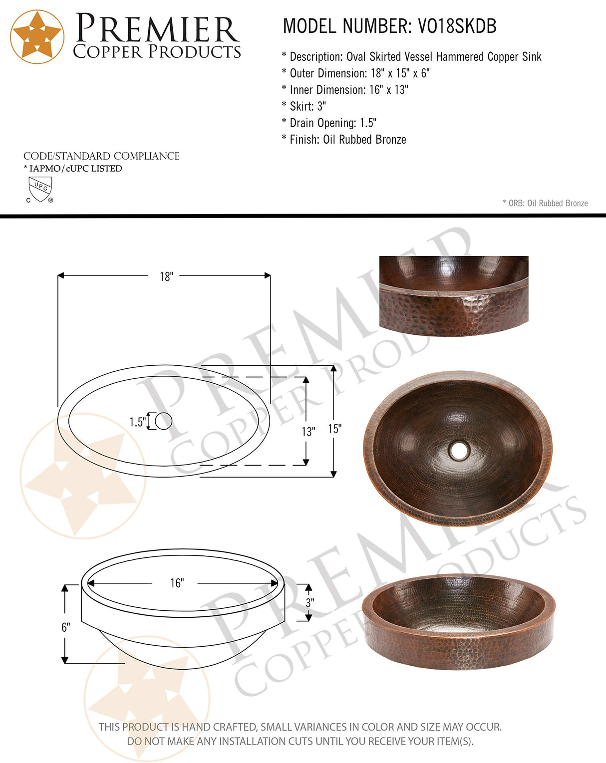 Premier Copper Products VO18SKDB 18" Oval Skirted Vessel Hammered Copper Sink