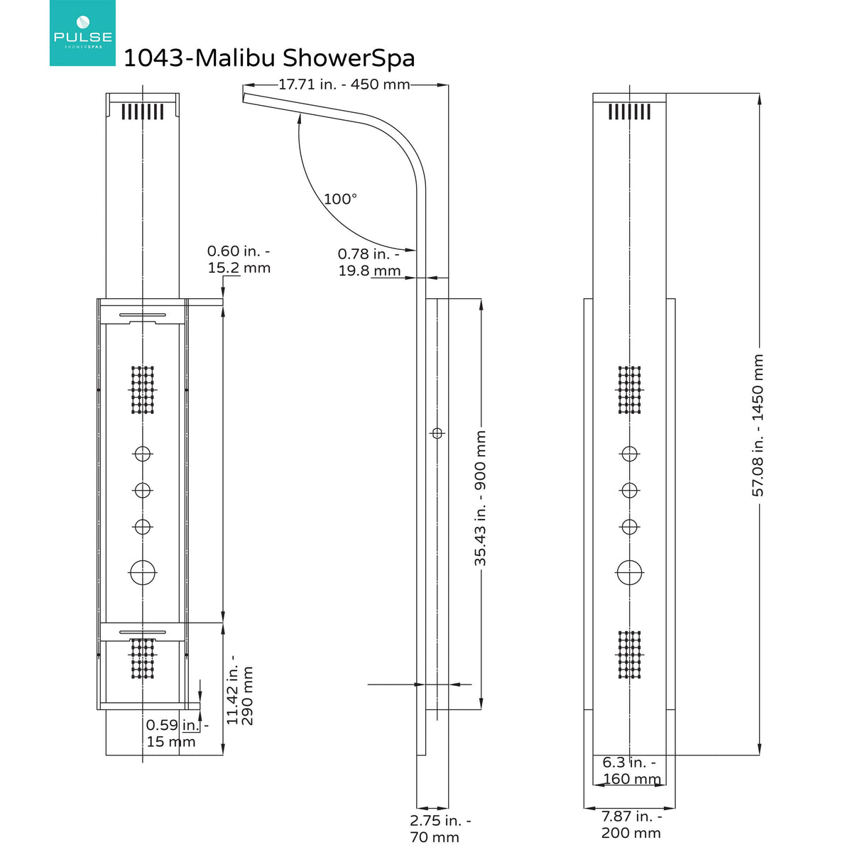 PULSE ShowerSpas 1043-SSB Malibu ShowerSpa Panel with Rain Showerhead, 2 Oversized Body Spray Jets and Hand Shower, Brushed Stainless Steel with Brushed Nickel Fixtures