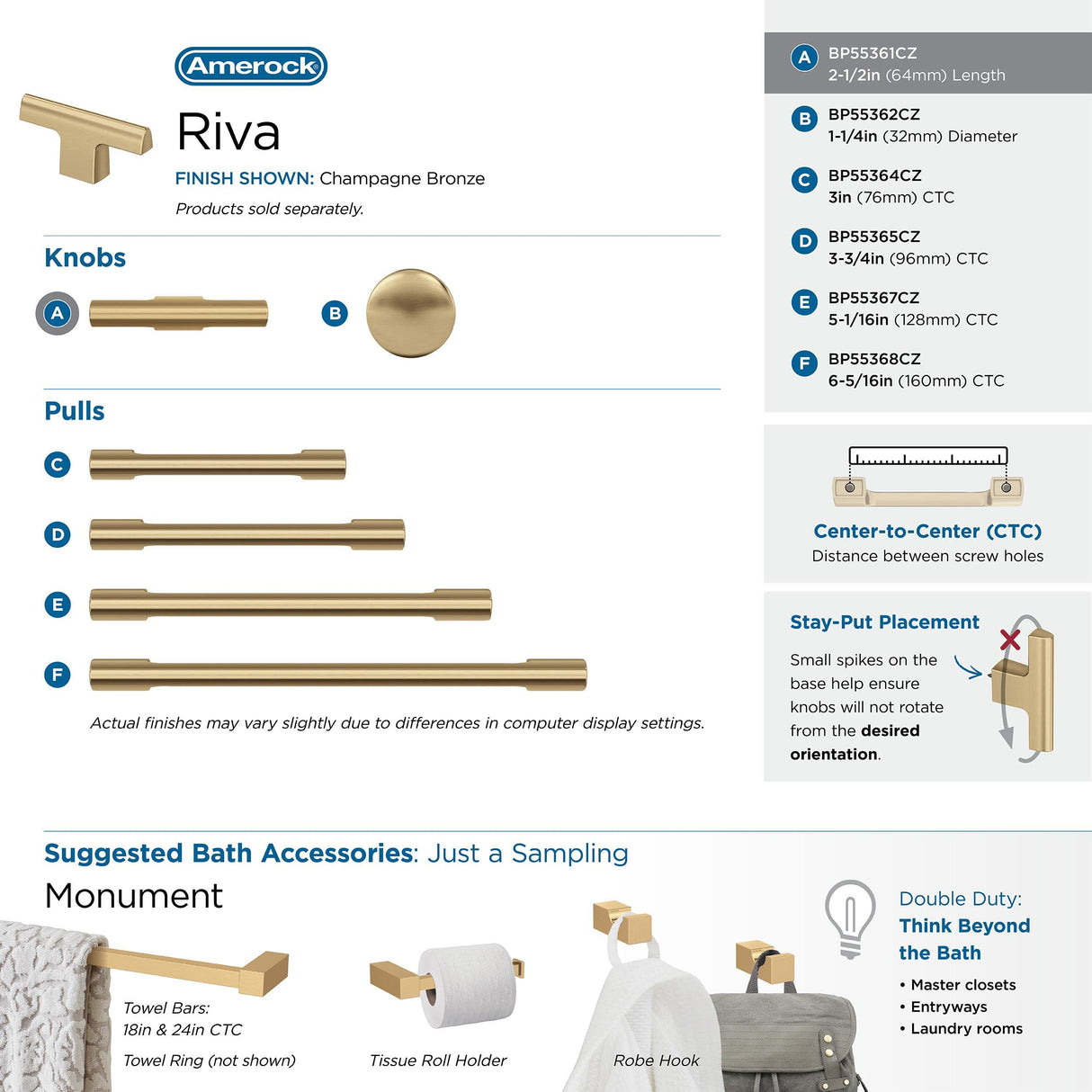 Amerock Cabinet Knob |Champagne Bronze 2-1/2 in (64 mm) Length Drawer Knob Riva Kitchen and Bath Hardware Furniture Hardware