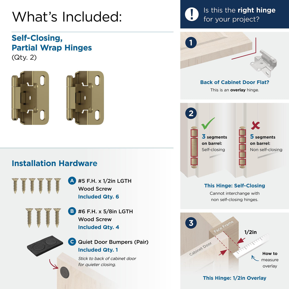 Amerock BPR7550BBZ Cabinet Hinge 1/2 in (13 mm) Overlay Self Closing Partial Wrap Golden Champagne Kitchen Cabinet Door Hinge 1 Pair/2 Pack Functional Hardware