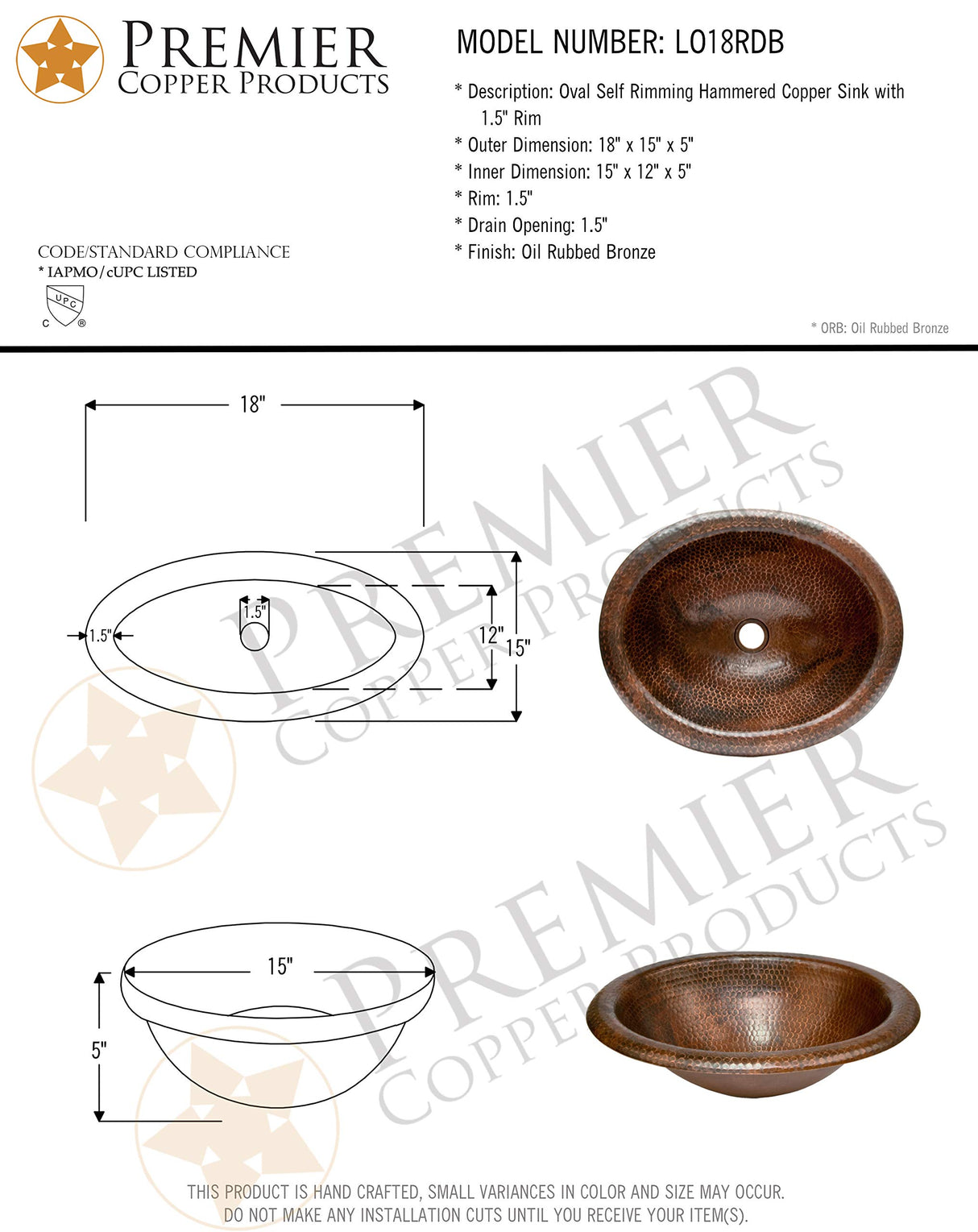 Premier Copper Products LO18RDB 18-Inch Wide Rim Oval Self Rimming Hammered Copper Sink, Oil Rubbed Bronze