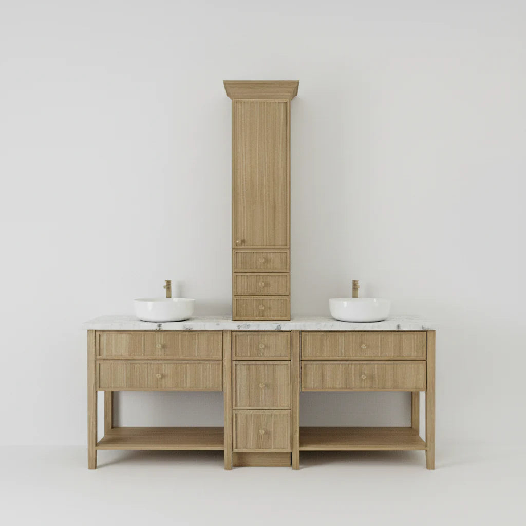 84" PoshHaus White Oak Double Vanity Suite Oslo Oak Bathroom Vanity w/ Tower & Stone Top