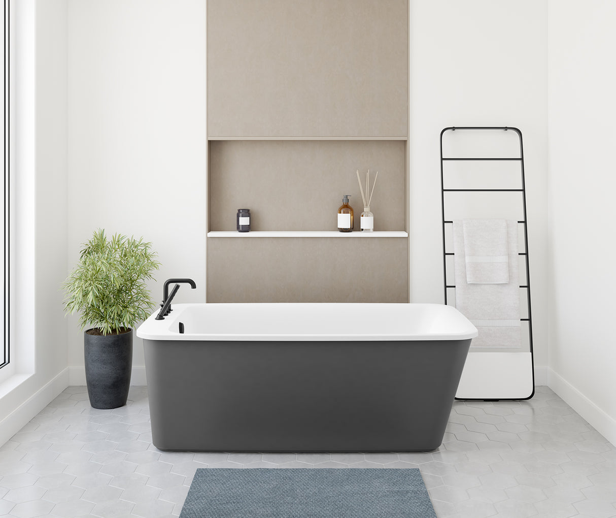 MAAX 105798-000-001-107 Lounge AcrylX Freestanding End Drain Bathtub in White with Thundey Grey Skirt