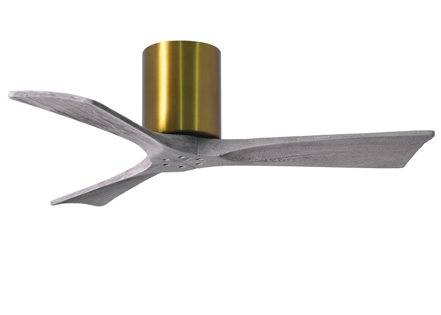Matthews Fan IR3H-BRBR-BW-42 Irene-3H three-blade flush mount paddle fan in Brushed Brass finish with 42” solid barn wood tone blades.