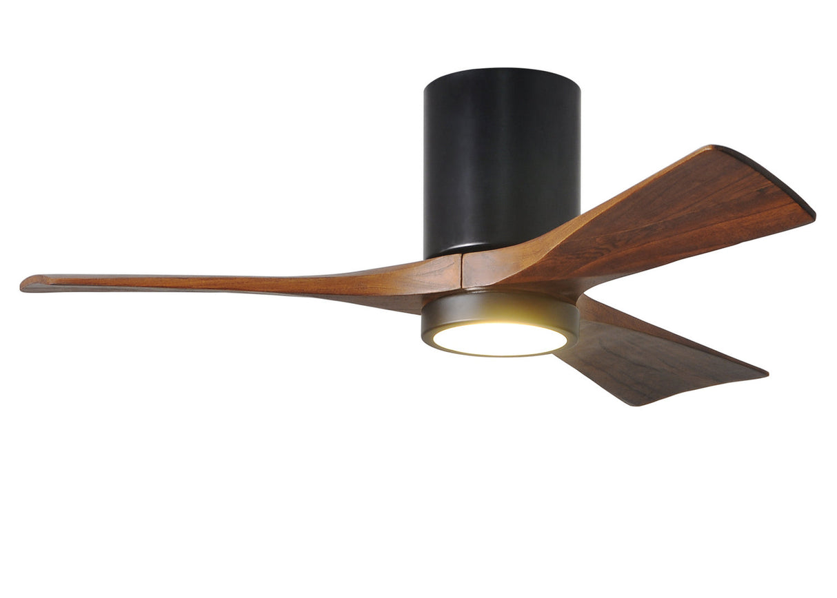 Matthews Fan IR3HLK-BK-WA-42 Irene-3HLK three-blade flush mount paddle fan in Matte Black finish with 42” solid walnut tone blades and integrated LED light kit.