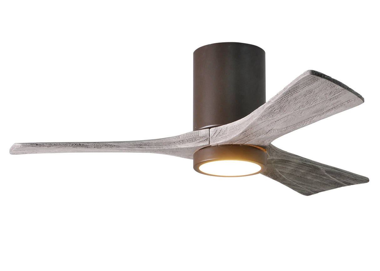 Matthews Fan IR3HLK-TB-BW-42 Irene-3HLK three-blade flush mount paddle fan in Textured Bronze finish with 42” solid barn wood tone blades and integrated LED light kit.
