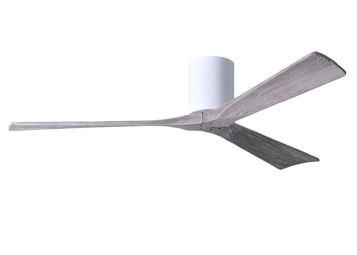 Matthews Fan IR3H-WH-BW-60 Irene-3H three-blade flush mount paddle fan in Gloss White finish with 60” solid barn wood tone blades.