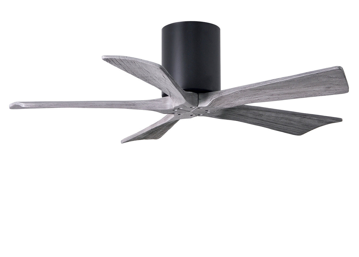 Matthews Fan IR5H-BK-BW-42 Irene-5H five-blade flush mount paddle fan in Matte Black finish with 42” solid barn wood tone blades. 