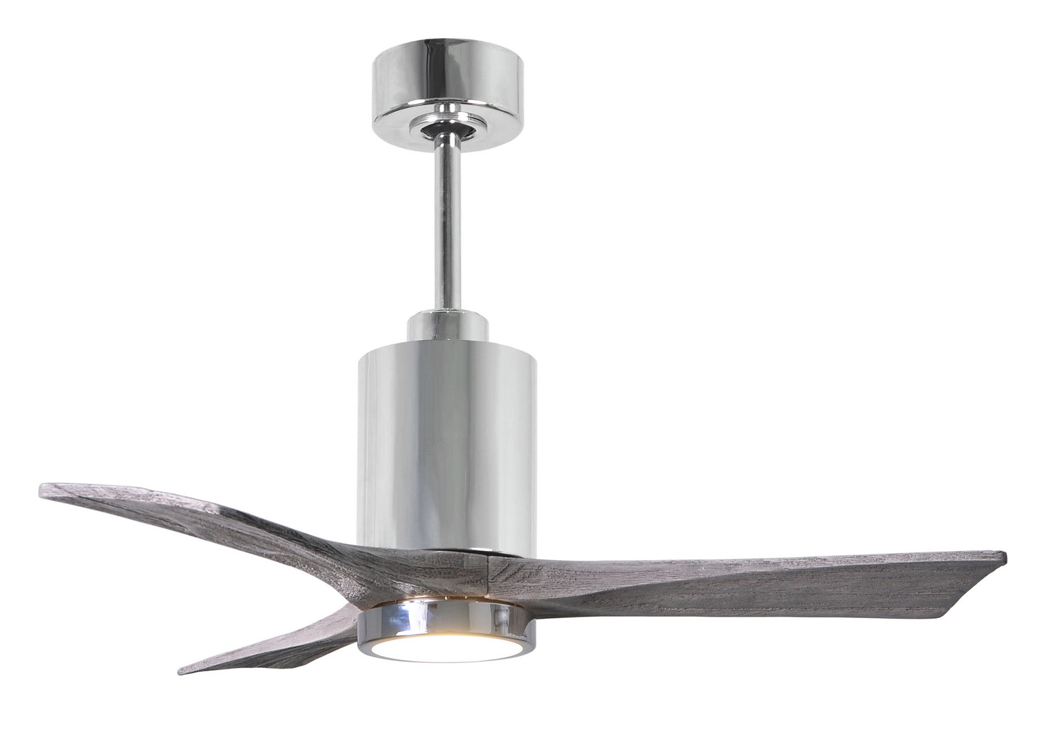Matthews Fan PA3-CR-BW-42 Patricia-3 three-blade ceiling fan in Polished Chrome finish with 42” solid barn wood tone blades and dimmable LED light kit