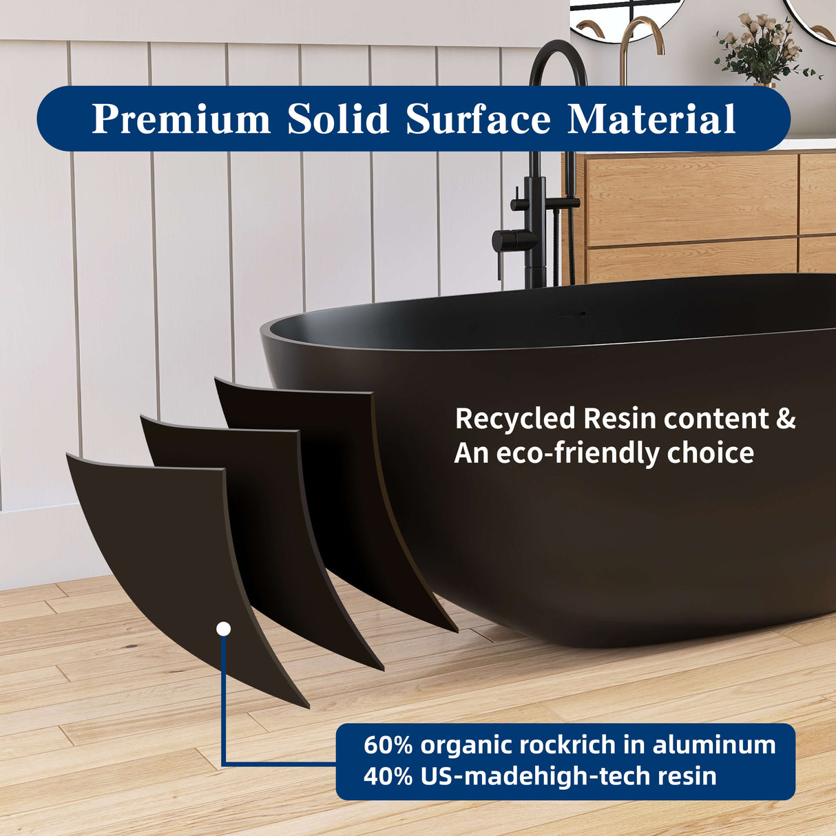 New England Home Goods Kilimanjaro 59" Freestanding Tub in Black - Stone Resin Solid Surface