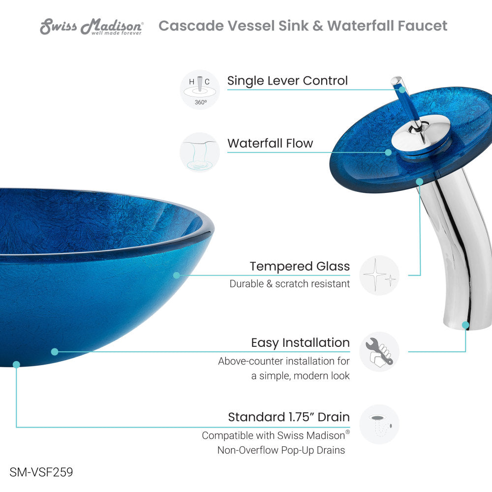 Cascade 16.5 Glass Vessel Sink with Faucet, Ocean Blue