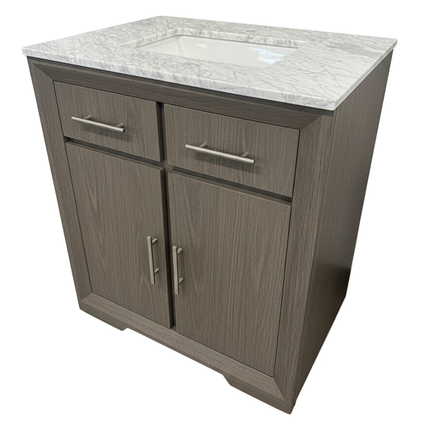 Signature Hardware + Foremost 31-Inch Solid Wood Vanity – Rustic Brown / Carrara Marble (424388 + ST31228CWR) – Floor Model