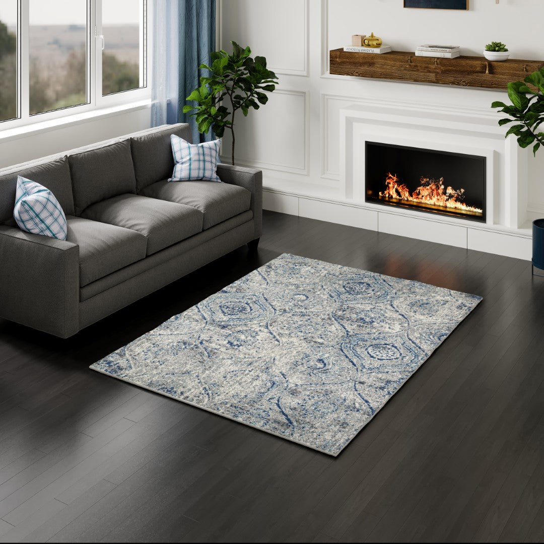 Eviva Loops 3' x 5' Damask Blue/Cream Rug