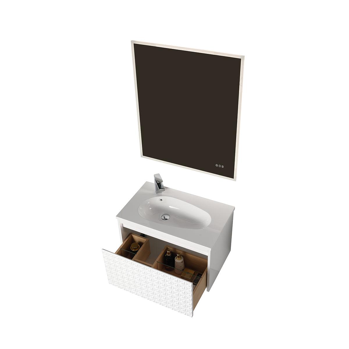 Blossom Thun 30″ Vanity with Droplet-Shaped Basin - LED Illuminated & 3D Diamond Pattern Design