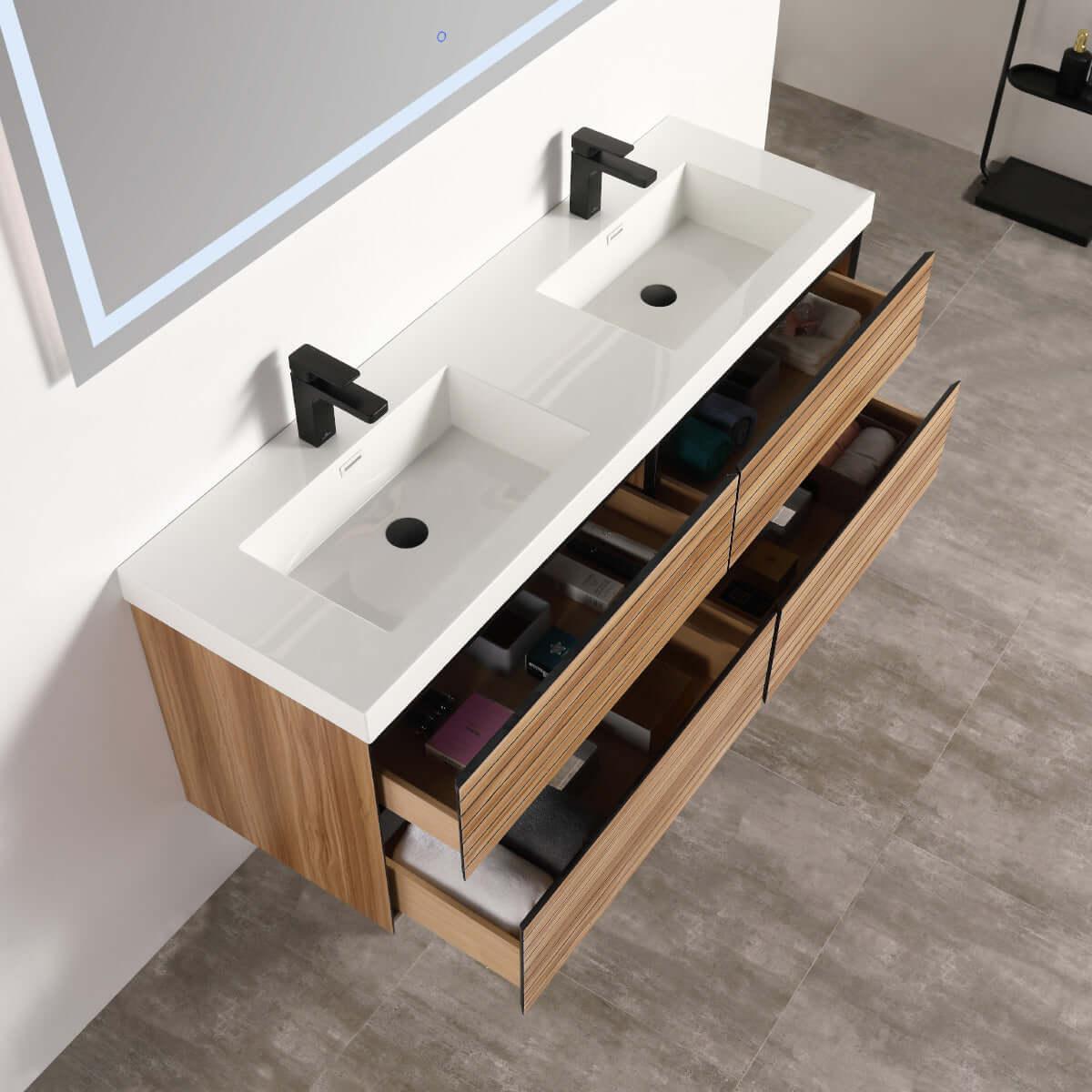 Blossom Annecy 48" Double Sink Wall-Hung Vanity - Modern Minimalist Design with Soft-Closing Drawers in Dark Walnut and Maple