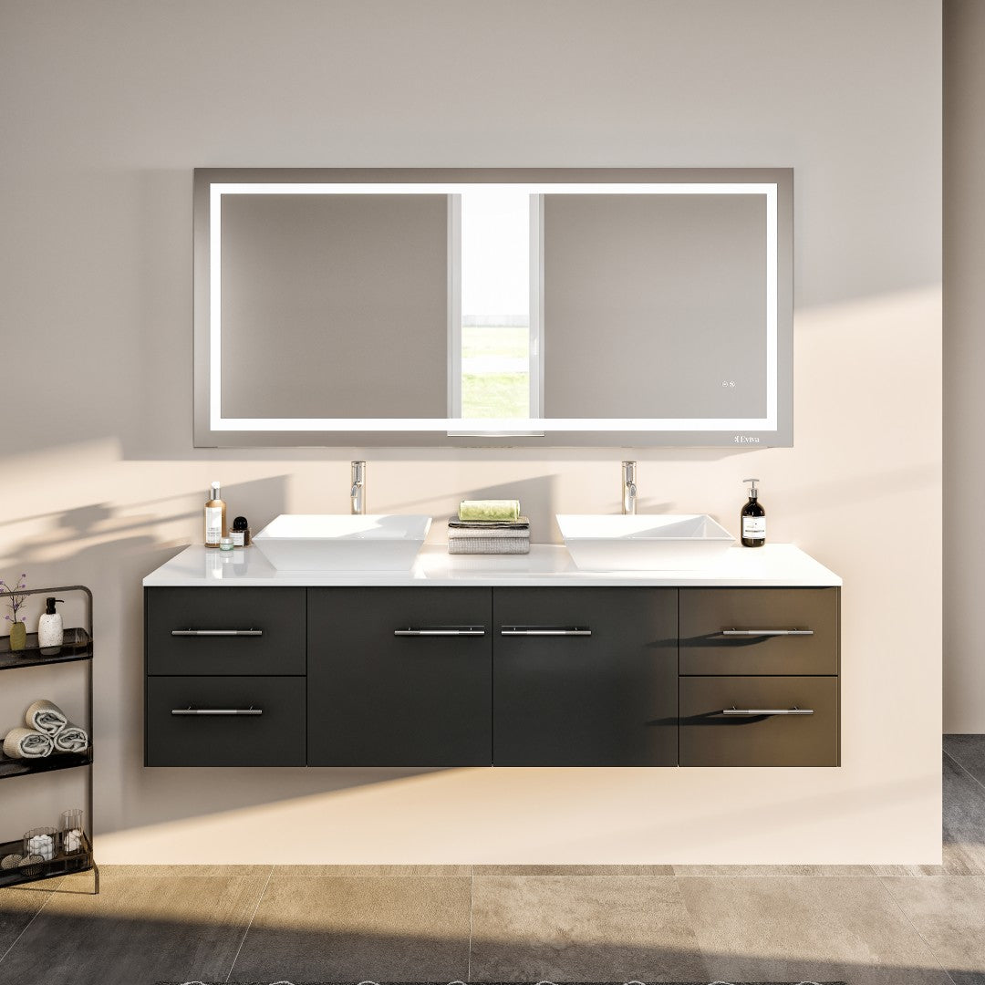 Wave 60 in. Espresso Wall Mount Double Sink Bath Vanity with White Quartz Top and Vessel Porcelain Sinks