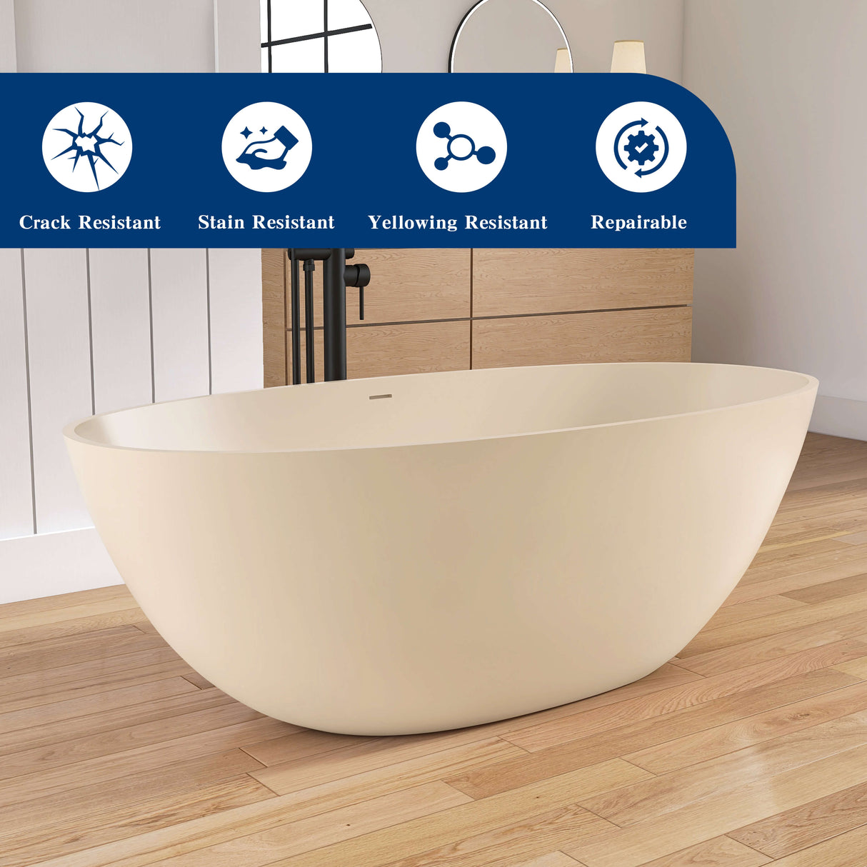 New England Home Goods Tulum 65" Freestanding Tub in Milk Coffee - Stone Resin Solid Surface