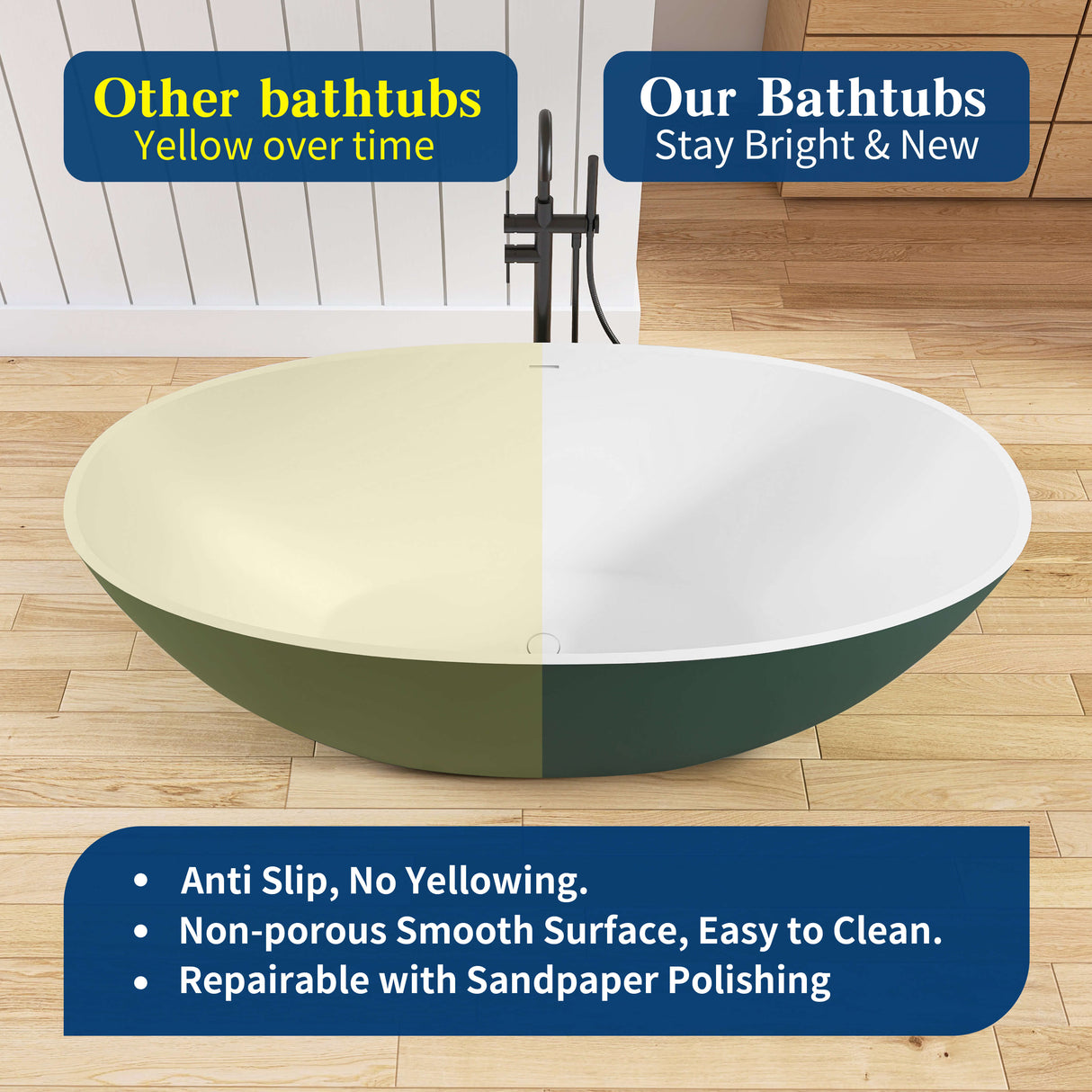 New England Home Goods Matterhorn 65" Freestanding Tub in Green - Stone Resin Solid Surface
