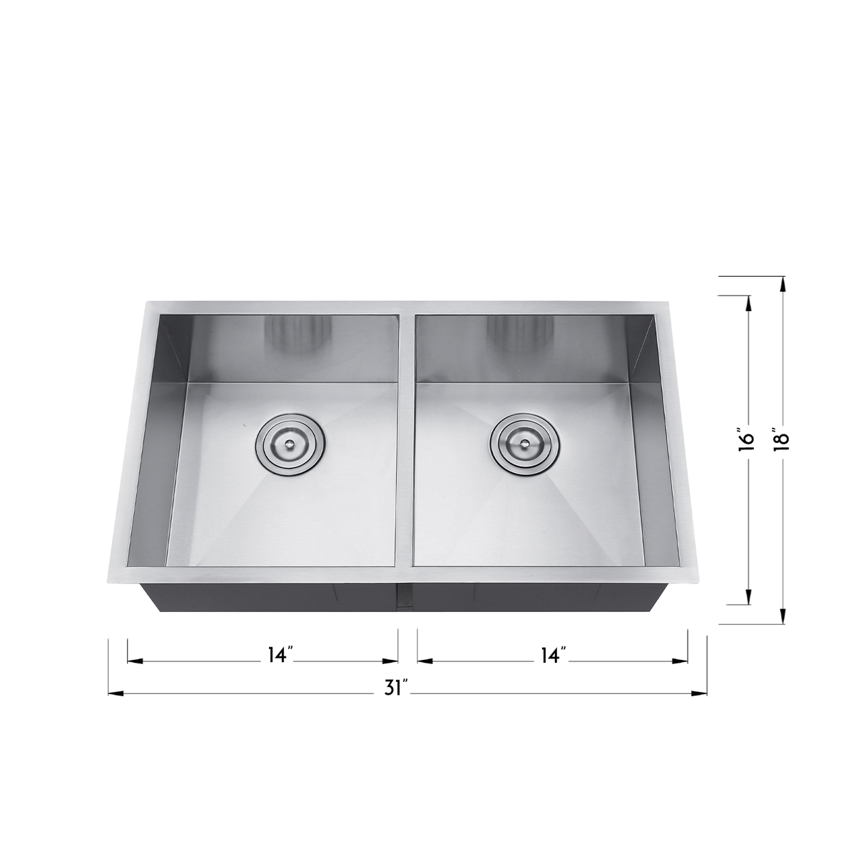DAX Stainless Steel Handmade 50/ 50 Double Bowl Undermount Kitchen Sink, 31", Brushed Stainless Steel DAX-SQ-3118A-X