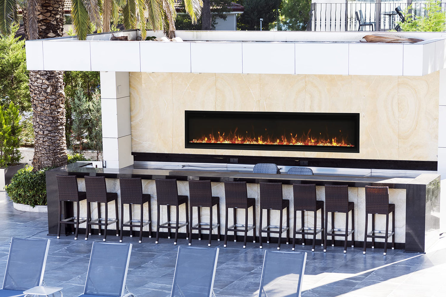 Amantii BI-72-SLIM-OD Panorama Slim Full View Smart Electric  - 72" Indoor /Outdoor WiFi Enabled Fireplace, featuring a MultiFunction Remote, Multi Speed Flame Motor, Glass Media & a Black Trim