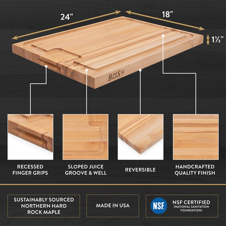 John Boos AUJUS Au Jus Maple Wood Cutting Board for Kitchen Prep, 18 x 24 Inches, 1.5 Inches Thick Edge Grain Charcuterie Block with Juice Grooves 24X18X1.5 MPL-EDGE GR-AU JUS BRD