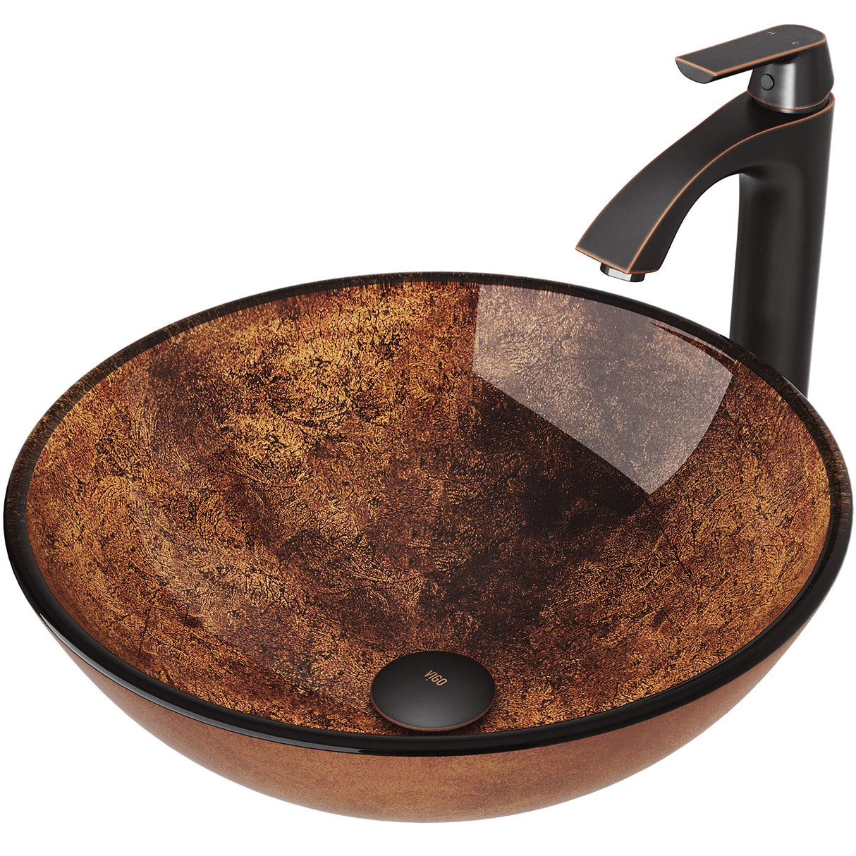 VIGO VGT504 16.5" L -16.5" W -12.38" H Handmade Countertop Glass Round Vessel Bathroom Sink Set in Gold and Brown Fusion Finish with Antique Rubbed Bronze Single-Handle Faucet and Pop Up Drain