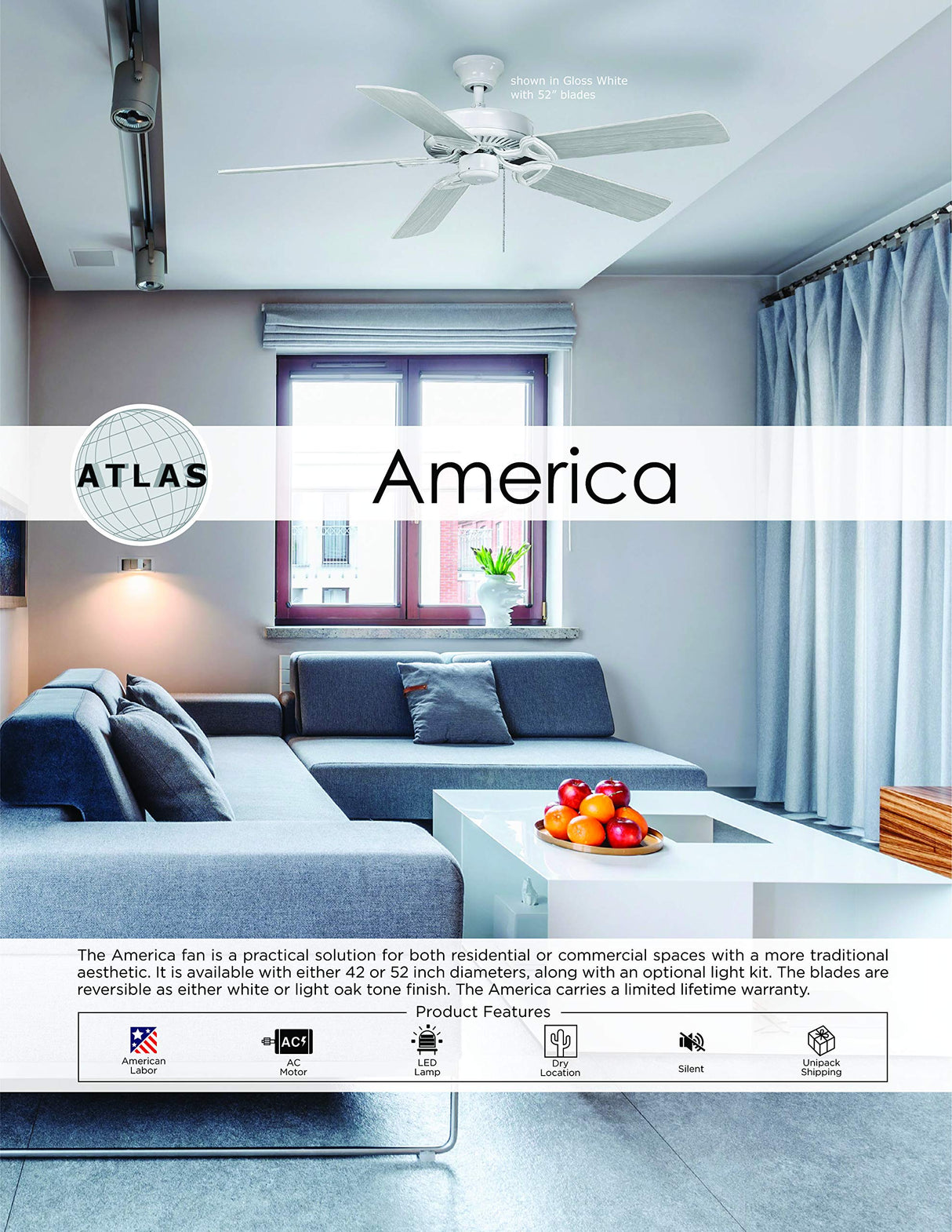 Matthews Fan AM-USA-WH-52-LK America 3-speed ceiling fan in gloss white finish with 52" white blades and light kit (2 x GU24 Socket). Assembled in USA.