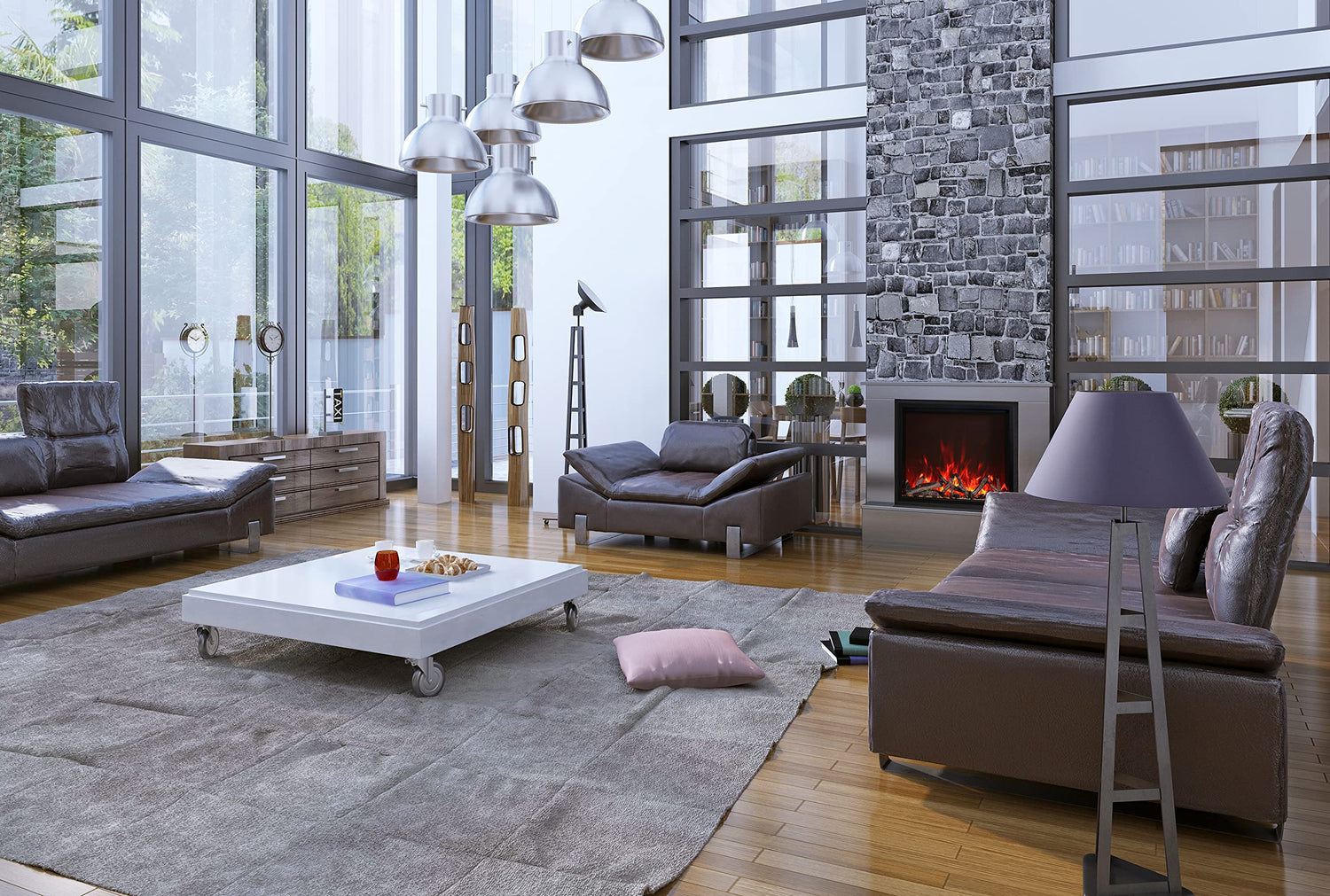 Amantii TRD-48 Traditional Smart Electric 48" Indoor / Outdoor WiFi Enabled Insert, Featuring a Multi Function Remote Control, Multi Flame Speeds, and Two 10 Piece Birch Log Set