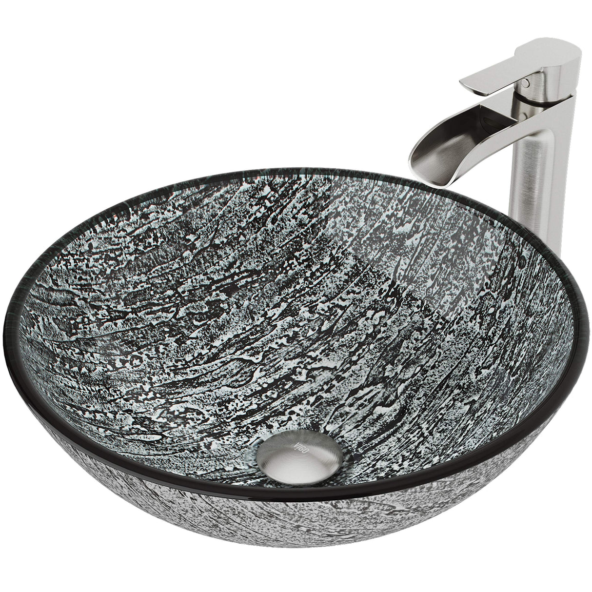 VIGO VGT1056 16.5" L -16.5" W -10.5" H Handmade Glass Round Vessel Bathroom Sink Set in Slate Grey Finish with Brushed Nickel Single-Handle Single Hole Waterfall Faucet and Pop Up Drain