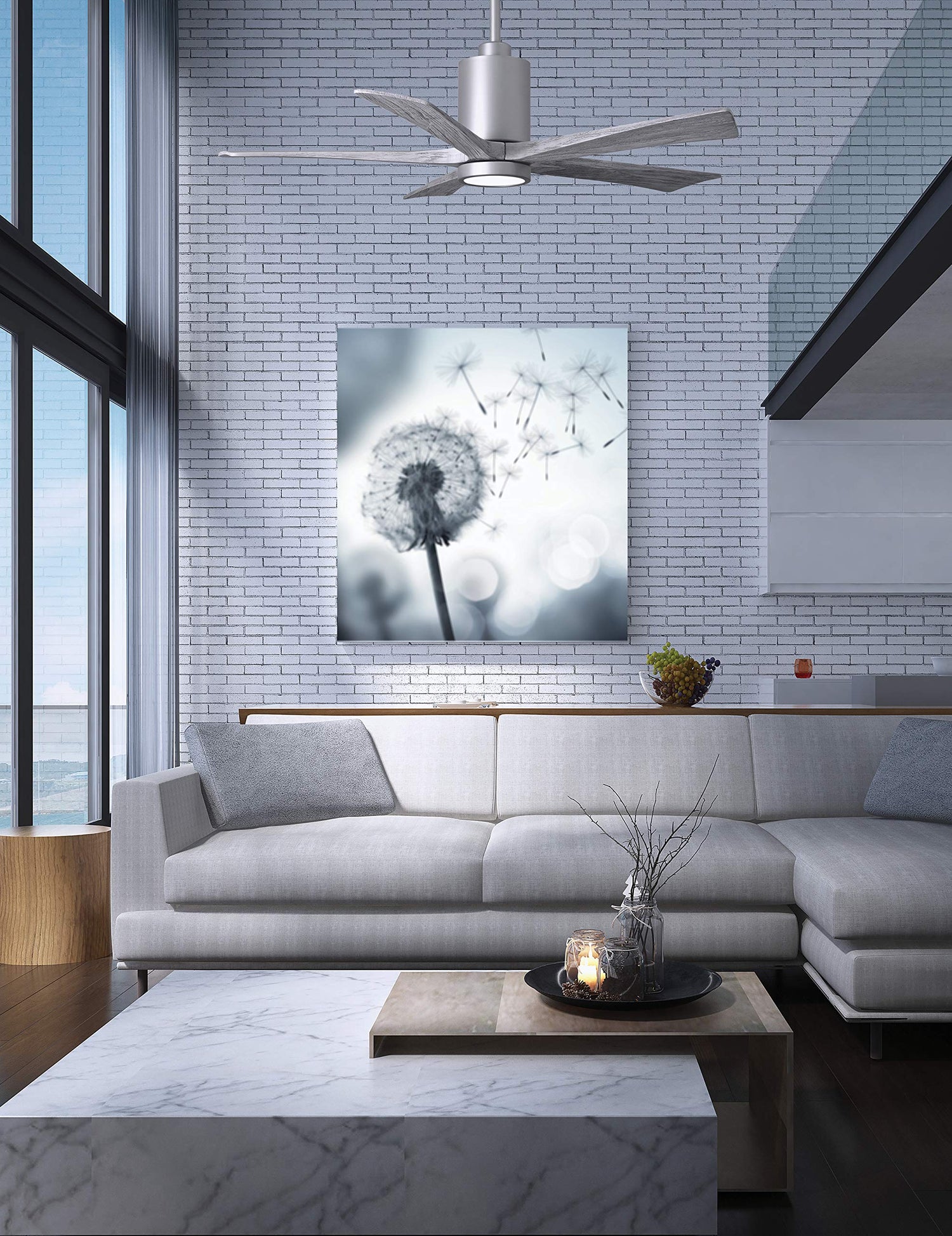 Matthews Fan PA5-WH-BW-42 Patricia-5 five-blade ceiling fan in Gloss White finish with 42” solid barn wood tone blades and dimmable LED light kit