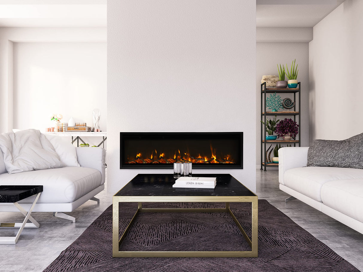 Amantii BI-72-SLIM-OD Panorama Slim Full View Smart Electric  - 72" Indoor /Outdoor WiFi Enabled Fireplace, featuring a MultiFunction Remote, Multi Speed Flame Motor, Glass Media & a Black Trim