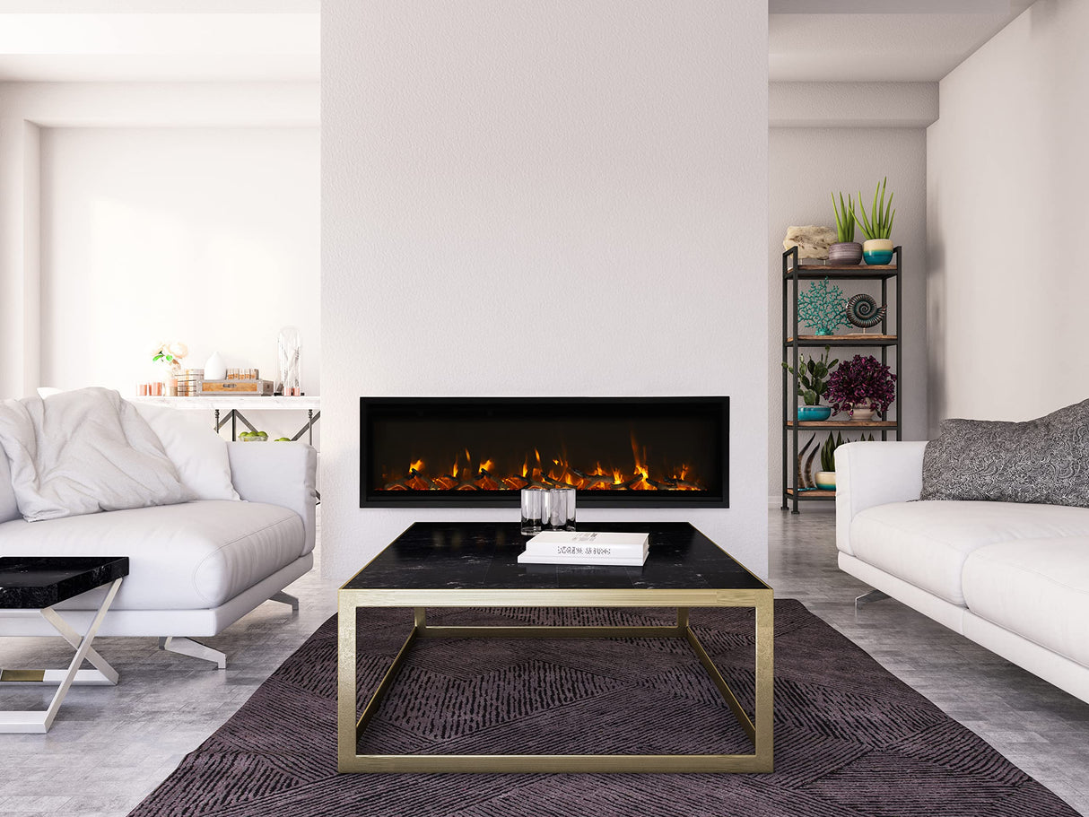 Amantii BI-60-SLIM-OD Panorama Slim Full View Smart Electric  - 60" Indoor /Outdoor WiFi Enabled Fireplace, featuring a MultiFunction Remote, Multi Speed Flame Motor, Glass Media & a Black Trim
