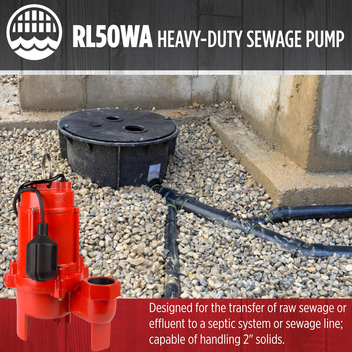 Red Lion RL50WA 115 Volt, 1/2 HP, 7200 GPH Sewage Pump with Piggyback Tethered Switch and 20-Ft. Power Cord, Red, 14942663